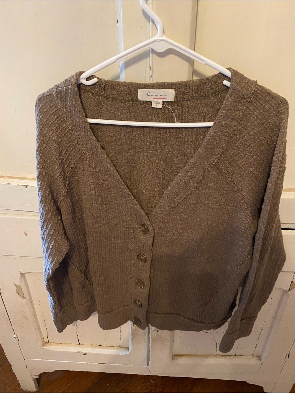 Vince Camuto Taupe V-Neck Button Front Cardigan Sweater